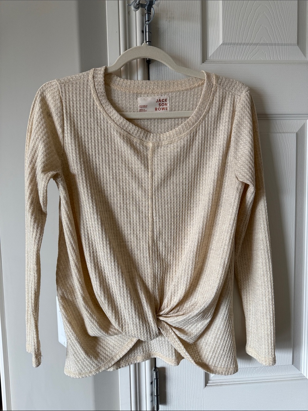Jackson Rowe Beige Waffle-Knit Twist Front Long Sleeve Sweater
